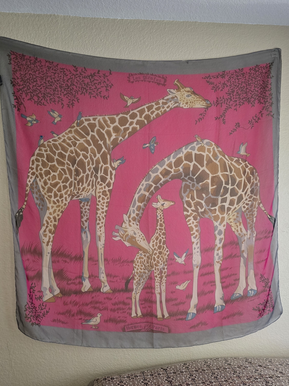 Hermes Pink and Gray Giraffe Print Silk Scarf